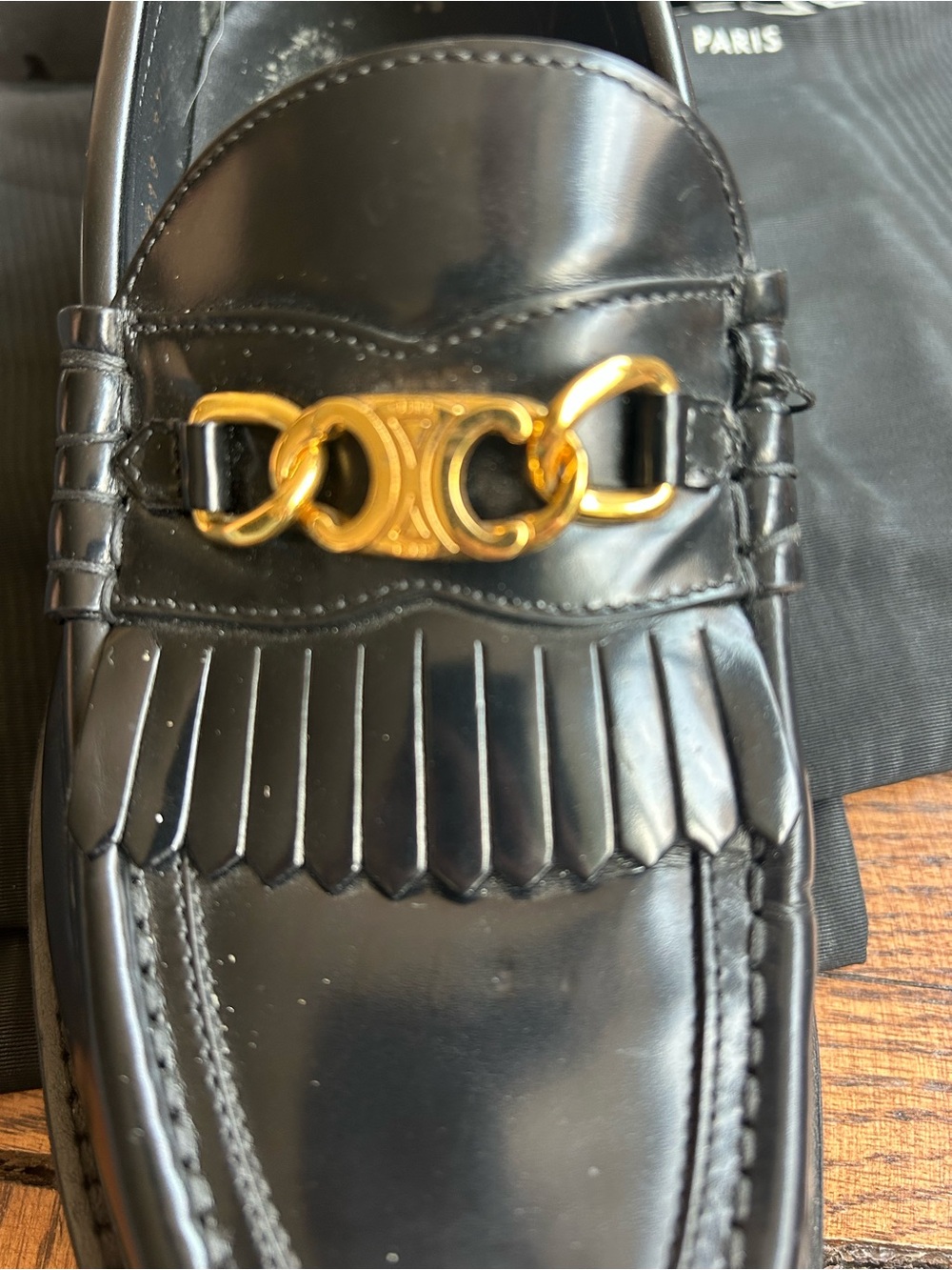 Celine Black Leather Fringe Loafers with Gold Chain Accent - Picture 5 of 9